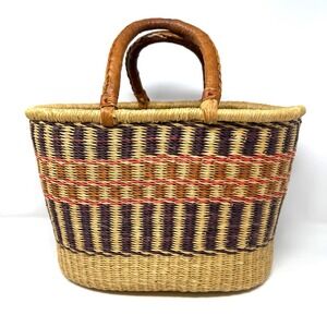 Woven Straw Tote Market Bolga Basket Large Bag Leather Handles Colorful Striped